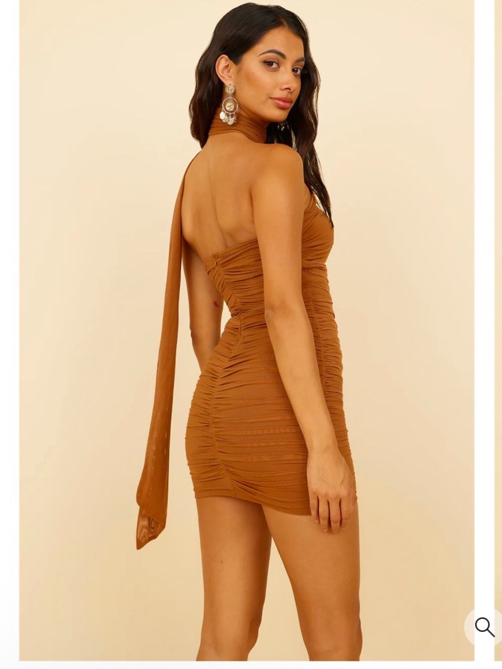 Brown One-Shoulder Ruched Mini Dress - Picture 4 of 9